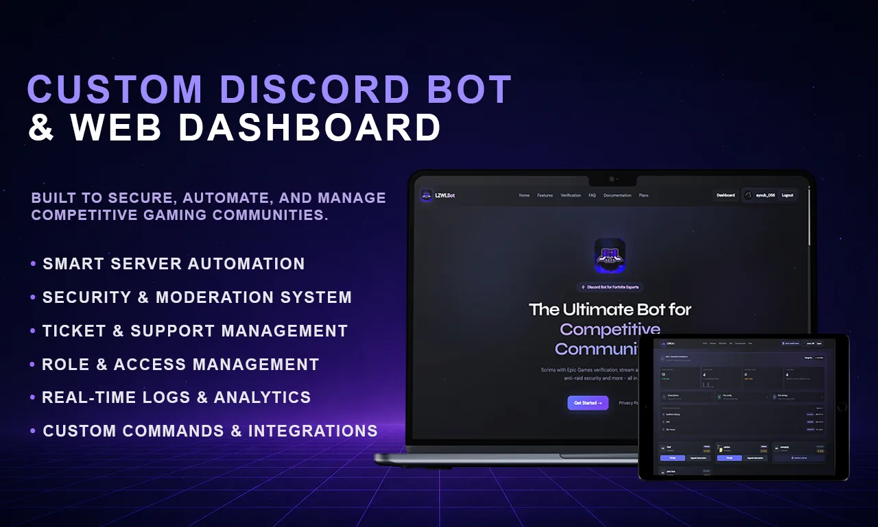 The bot's marketing site and server dashboard shown on a laptop and tablet